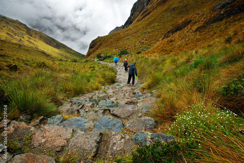 Hiking down from dead woman's pass, Inca Trail, Peru.