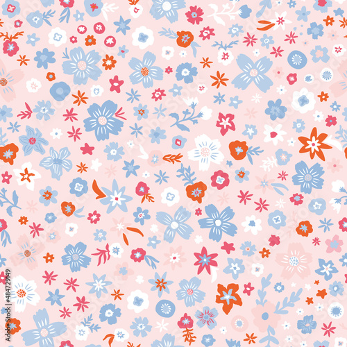 Cute floral minimal seamless repeat pattern. Random placed, little flowers with leaves all over print on beige background.