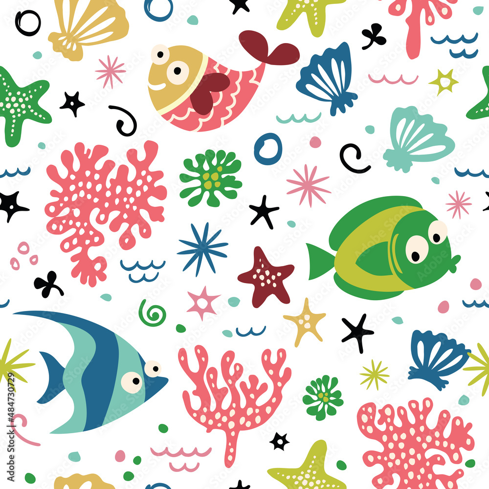 Seamless pattern with cute cartoon underwater inhabitants. Seamless pattern with cute cartoon underwater inhabitants.