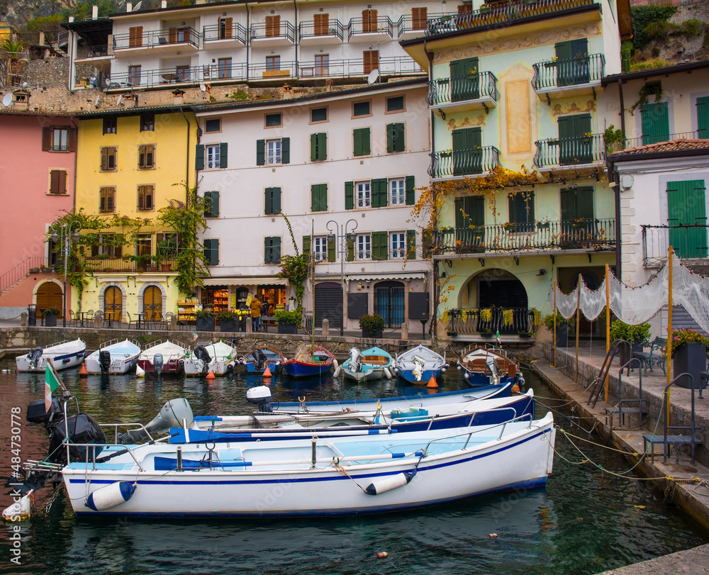 The waterfront of the Italian town of Limone sul Garda on the north east shore of Lake Garda in the Lombardy region
