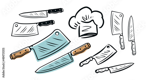 Meat cleaver and chef knife isolated on white background. Set of butcher shop concept vector illustration