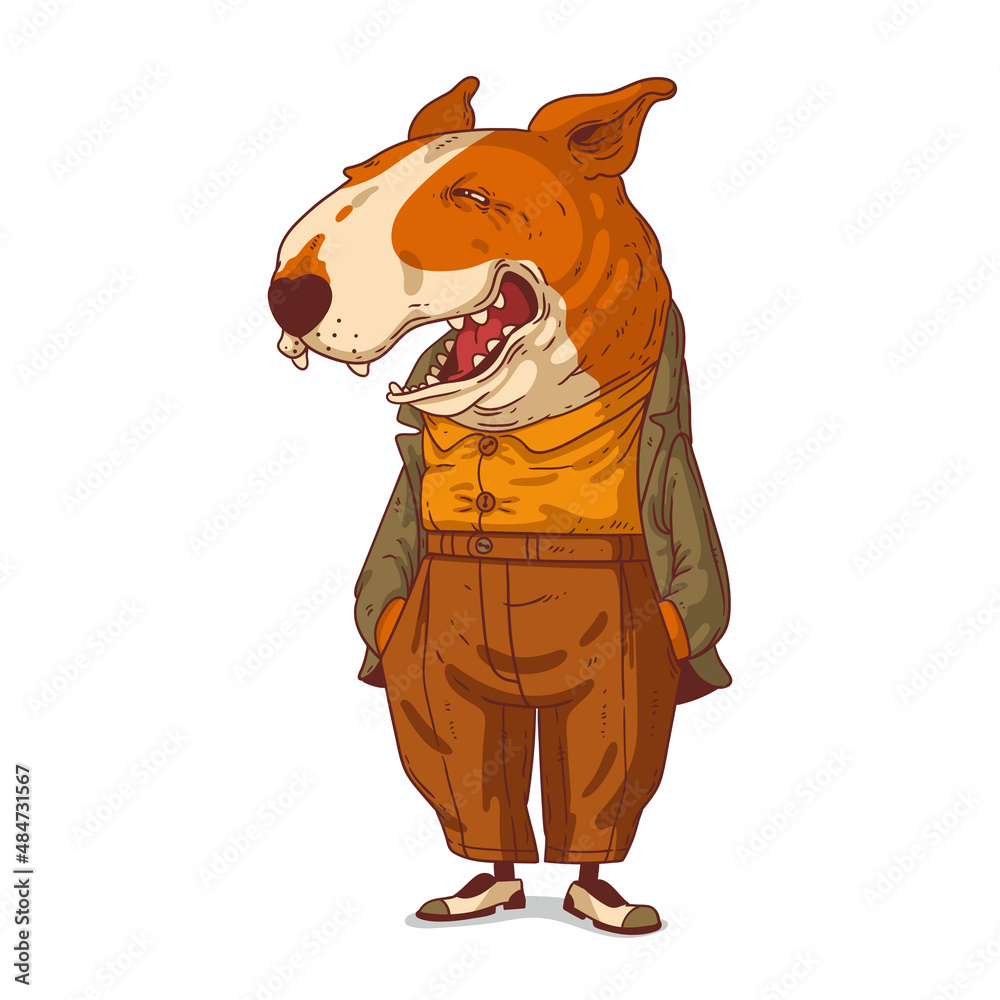 Laughing dog, isolated vector illustration. Stylish humanized bull terrier.  Elegant anthropomorphic dog, standing with his hands in pockets and  laughing. An animal character with a human body. Stock Vector | Adobe Stock
