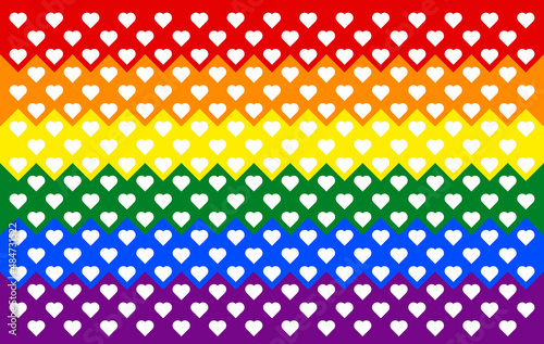 Homosexual valentine day concept. Gay and LGBTQIA pride flag. Rainbow color seamless heart shape background pattern. Design texture for fabric, banner, poster, backdrop, wall. Vector illustration.