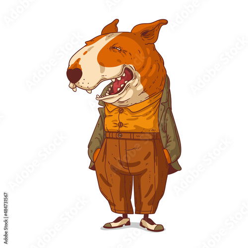 Laughing dog, isolated vector illustration. Stylish humanized bull terrier. Elegant anthropomorphic dog, standing with his hands in pockets and laughing. An animal character with a human body.