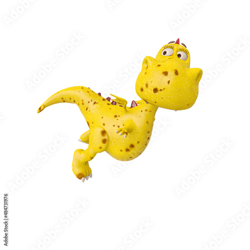 baby dragon is flying and looking back on white background