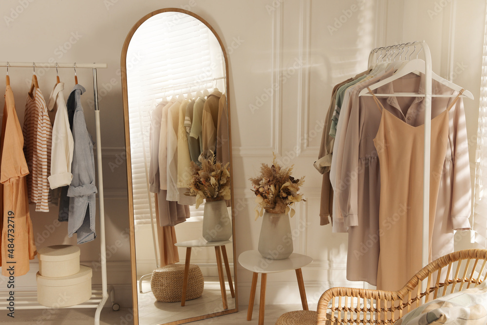 Modern dressing room interior with stylish clothes and beautiful dry flowers