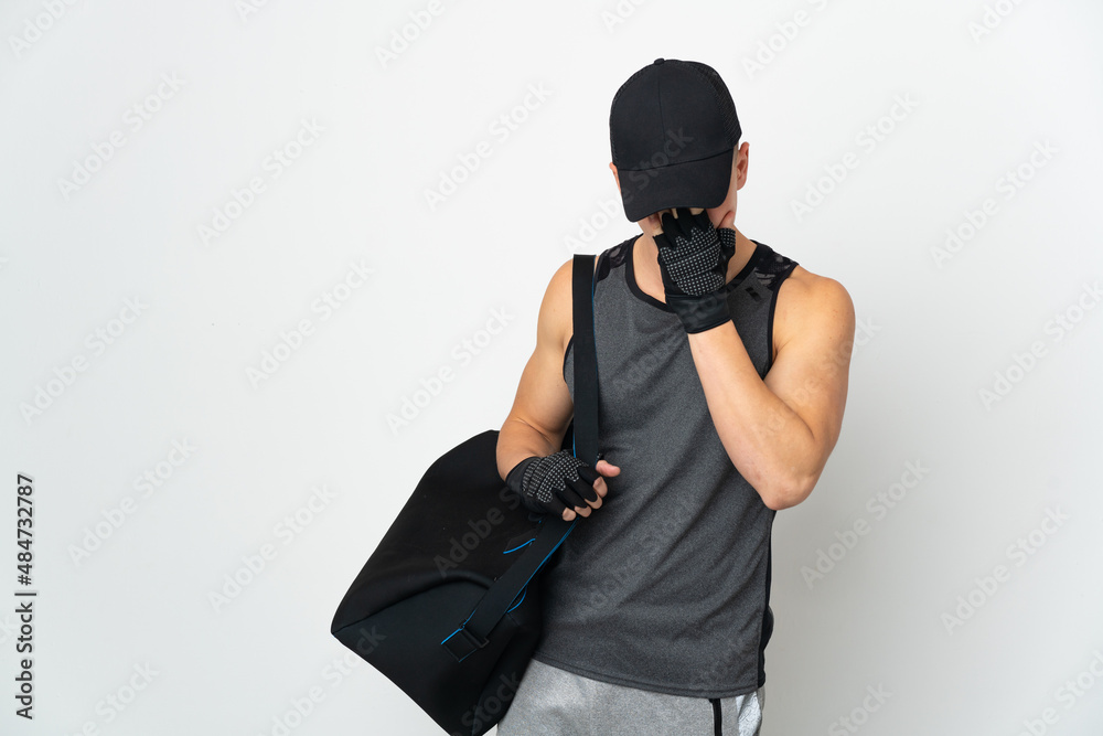 Young sport caucasian man with bag isolated on white background with tired and sick expression Young sport caucasian man with bag isolated on white background with tired and sick expression