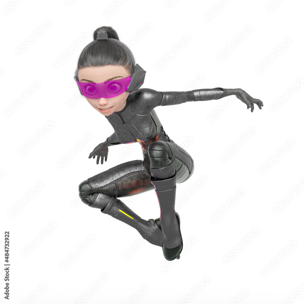 superheroine girl is running and looking down in white background superheroine girl is running and looking down in white background