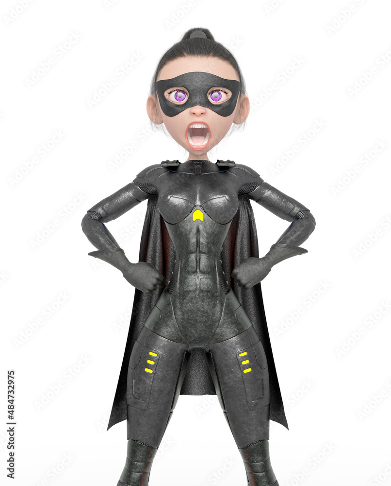 superheroine girl is yelling and also doing a power pose in white background superheroine girl is yelling and also doing a power pose in white background