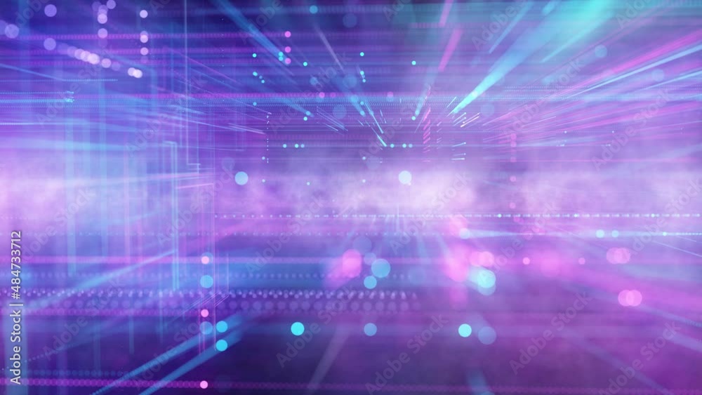 Artistic colorful hologram digital technology network lines dots motion animation background.