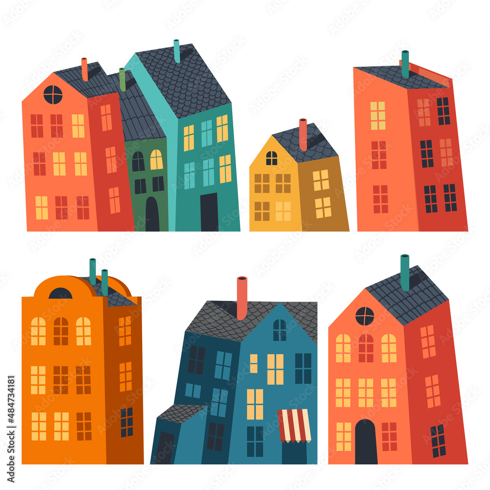 Vector set of vivid isolated buildings. Collection of various houses. Simple irregular shape buildings with tile roofs and chimneys. Doodle graphic. Flat illustrations of lovely multicolor houses.