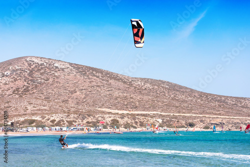 Kitesurfing near Prasonisi on the island of Rhodes in Greece
