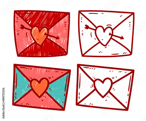 Love mail, simple line art envelopes with heart decor. Vector set. Lovely envelopes, contour illustrations, colored with scribbles. VDay doodle. St. Valentine's day graphic. Love symbols.