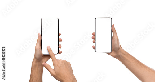 People showing smartphone with empty screens, closeup