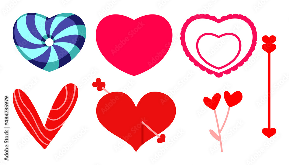 Vector set of different Love symbols. Romantic VDay collection of simple hearts and heart shape objects illustrations. St. Valentine's day graphic. Love symbols. Doodle, flat illustrations.