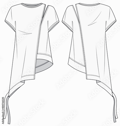 Top for women fashion flat sketch template. Women  t-shirt fashion flat sketch template. Girls tunic lengthtee technical fashion illustration.