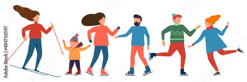 Winter fun, vector set. Collection of isolated people engaged in winter sports. Active simple shape people. Skiing woman. Skating men, women and child. Flat illustration.