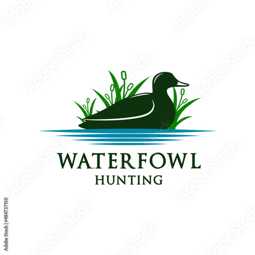 waterfowl hunting logo template with the shape of a duck over the water.