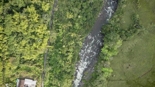 Vuelo sobre rio, camino y bosque tropical.