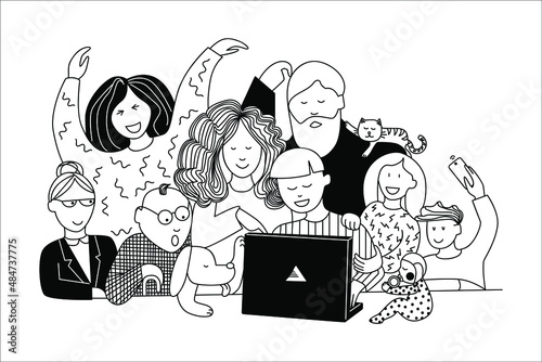 Big family is looking at computer. Happy generation time  together at home. Grandma, grandpa, mom, dad, children, baby and pets meeting. Sketch vector illustration.