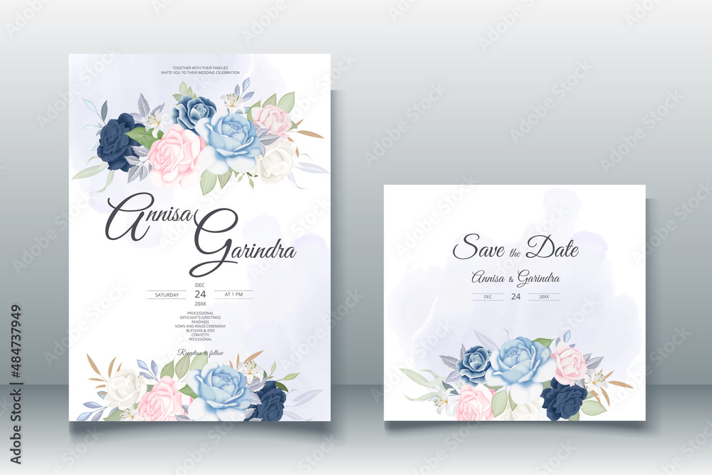 Beautiful blue navy and pink  floral frame wedding invitation card template Premium Vector