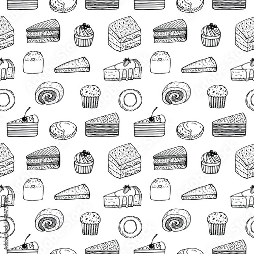 Cakes seamless pattern vector illustration, hand drawing doodles