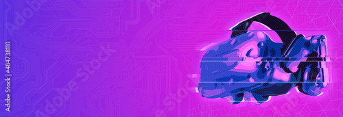 Virtual reality simulator VR goggles helmet, web 3 headset. Metaverse context. Horizontal banner purple gradient with glitch effect copy space, place for text or text area