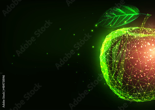 Abstract glowing low polygonal red and green apple isolated on dark green