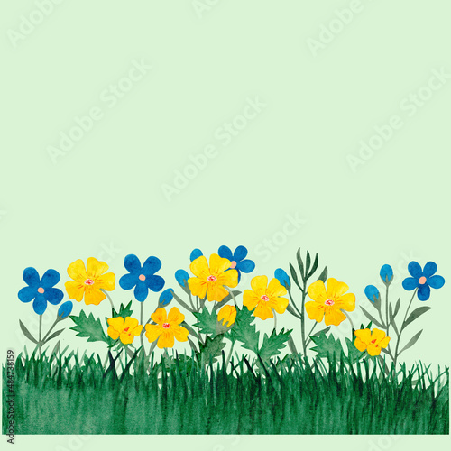 Summer landscape green grass, blue and yellow flowers. Hand drawn watercolor painting on light green background
