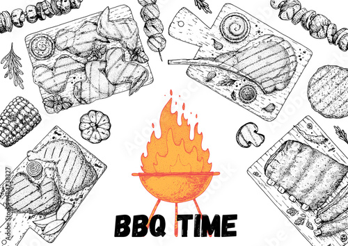 Bbq grill food sketch. Menu design template. Grilled meat and vegetables frame. Vector illustration. Engraved design. Hand drawn illustration.
