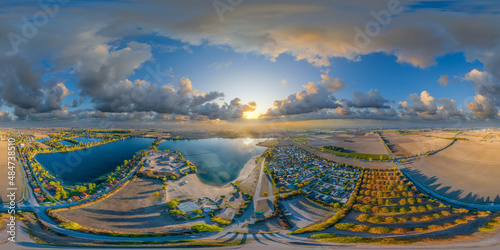 Tableau sur toile lake Riedsee Biblis aerial, 360° x 180° vr enviroment equirectangular
