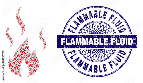 Recursive mosaic fire smoke and Flammable Fluid round textured stamp. Blue seal includes Flammable Fluid caption inside circle and guilloche ornament.