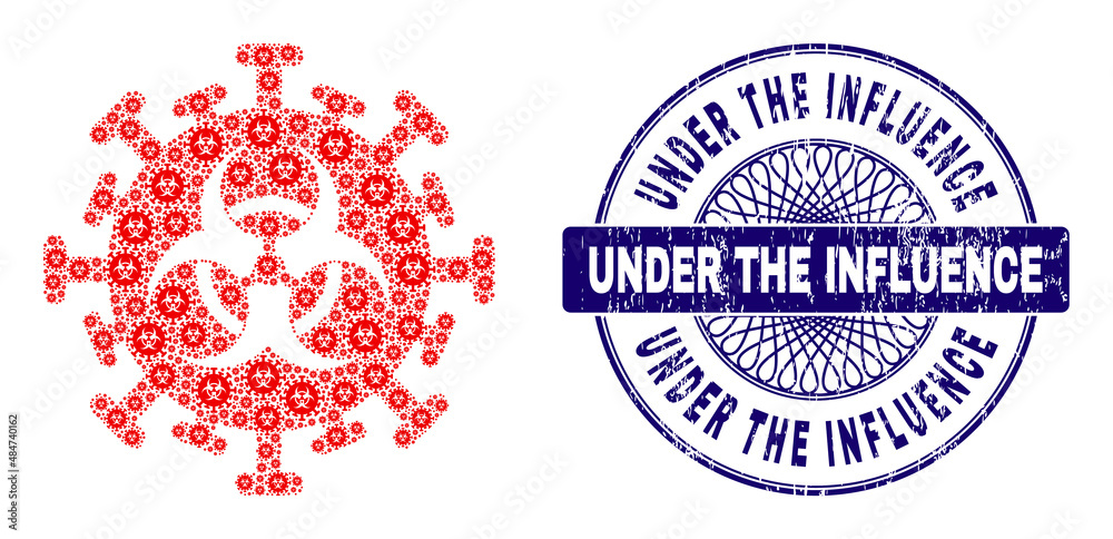 Obraz premium Recursion mosaic hazard virus and Under the Influence round grunge seal. Blue stamp includes Under the Influence caption inside circle and guilloche pattern.