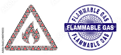 Recursive mosaic fire warning and Flammable Gas round scratched stamp seal. Violet stamp seal includes Flammable Gas text inside circle and guilloche ornament.