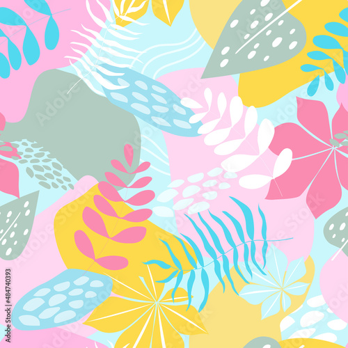 Seamless pattern with abstract minimalistic contemporary tropical exotic print. Palm leaves, monsters, bright jungle forest. Vector graphics.