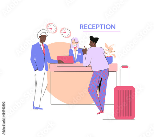 Reception at the hotel. An administrator receives tourists - an elegant Indian man and a plump black woman. travel in the COVID era. Vector illustration in flat style isolated on white background.