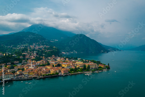 Aerial view of Menaggio village on a coast of Como lake, Italy on a cloudy day