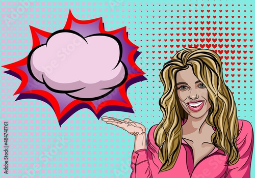Pop Art Vintage advertising poster cute comic girl with speech bubble. Pretty girl smiling and pointing at blank bubble vector illustration