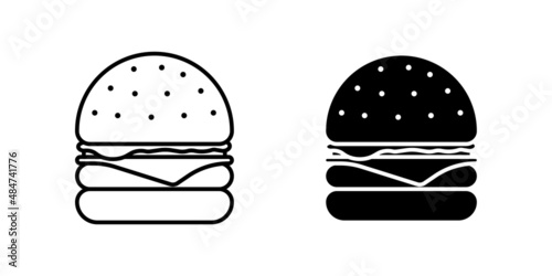Burger fast food isolated icon set. Outline hamburger with tomato, bow, greens, juicy fried beef cutlet, cheese slice in toasted bun with sauce. Cheeseburger black flat vector eps illustration