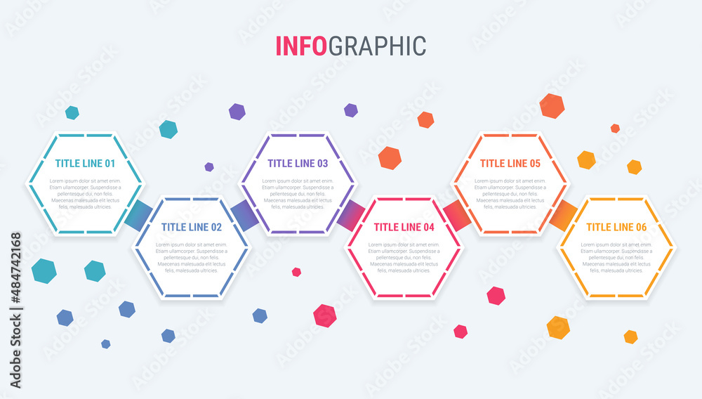Infographic template. 6 options honeycomb design with beautiful colors. Vector timeline elements for presentations.
