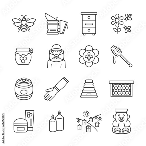 Beekeeping line icon set. Collection cymbol with honey, bee, hive, beekeeper,equipment, apiary. Editable stroke.