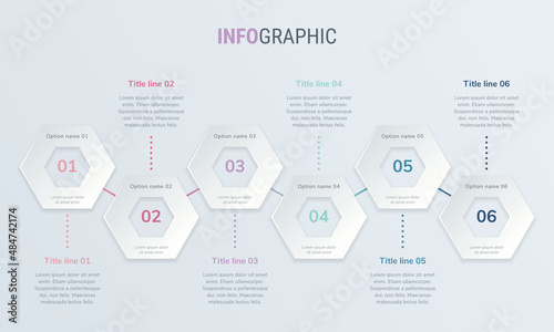 Abstract business honeycomb infographic template in vintage colors, with 6 options. Colorful diagram, timeline and schedule isolated on light background. 