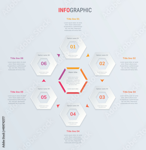 Red timeline infographic design vector. 6 steps, honeycomb workflow layout. Vector infographic timeline template.
