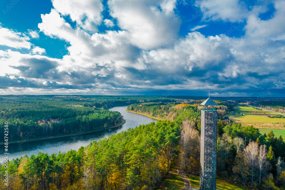 Tallest Lithuanian observation view tower in Birstonas in autumn