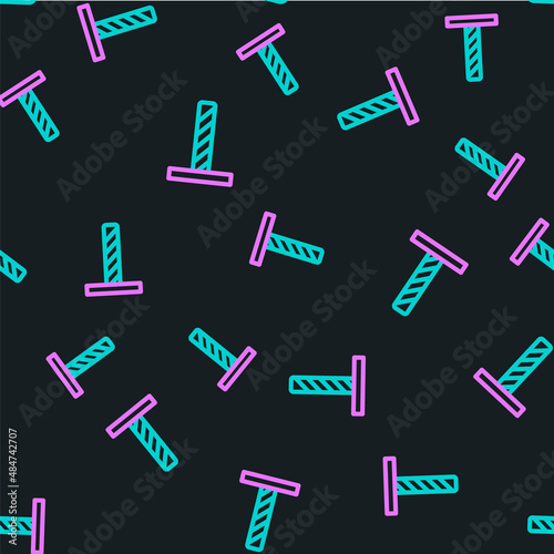 Line Cat scratching post with toy icon isolated seamless pattern on black background. Vector