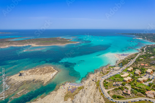 Aerial view of nuraghe in a island in Mediterranean sea next to Sardinia coast