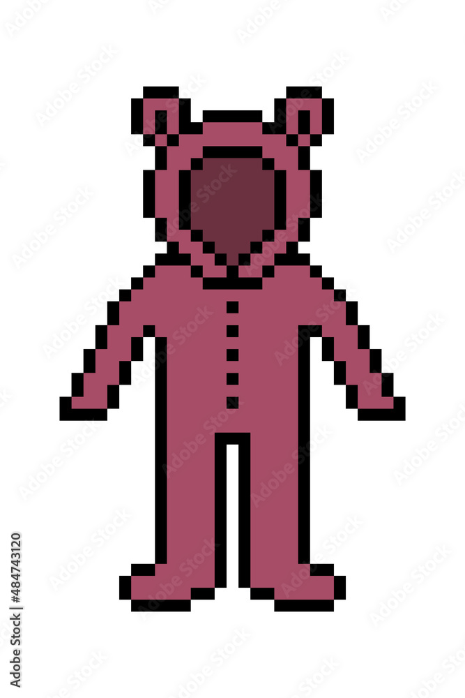 Pixel art baby's brown teddy bear sleepsuit symbol isolated on white background. Footed babygrow. Kids' animal pajamas. Old school retro vintage 90s, 80s 8 bit slot machine, 2d video game graphics. Pixel art baby's brown teddy bear sleepsuit symbol isolated on white background. Footed babygrow. Kids' animal pajamas. Old school retro vintage 90s, 80s 8 bit slot machine, 2d video game graphics.