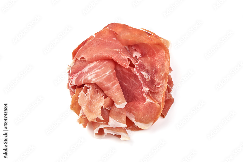 Spanish jamon iberico, serrano ham, isolated on white background.