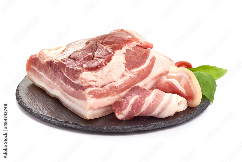 Raw pork brisket, bacon, isolated on white background.