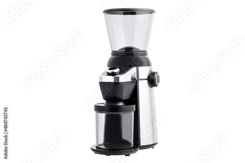 household appliances for grinding coffee beans into dosed grind with conical burrs for professional espresso preparation, object with button and regulator and container isolated on white. photo